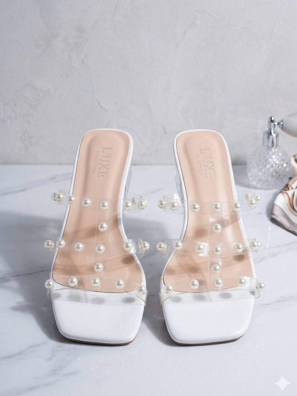 White Pearl-Embellished Clear Strap Heels - Size 39 Euro